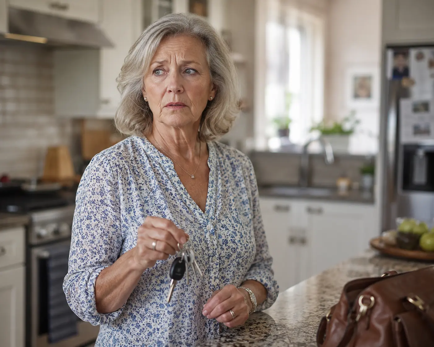 Older woman in a kitchen holding keys while reflecting on a small memory moment
