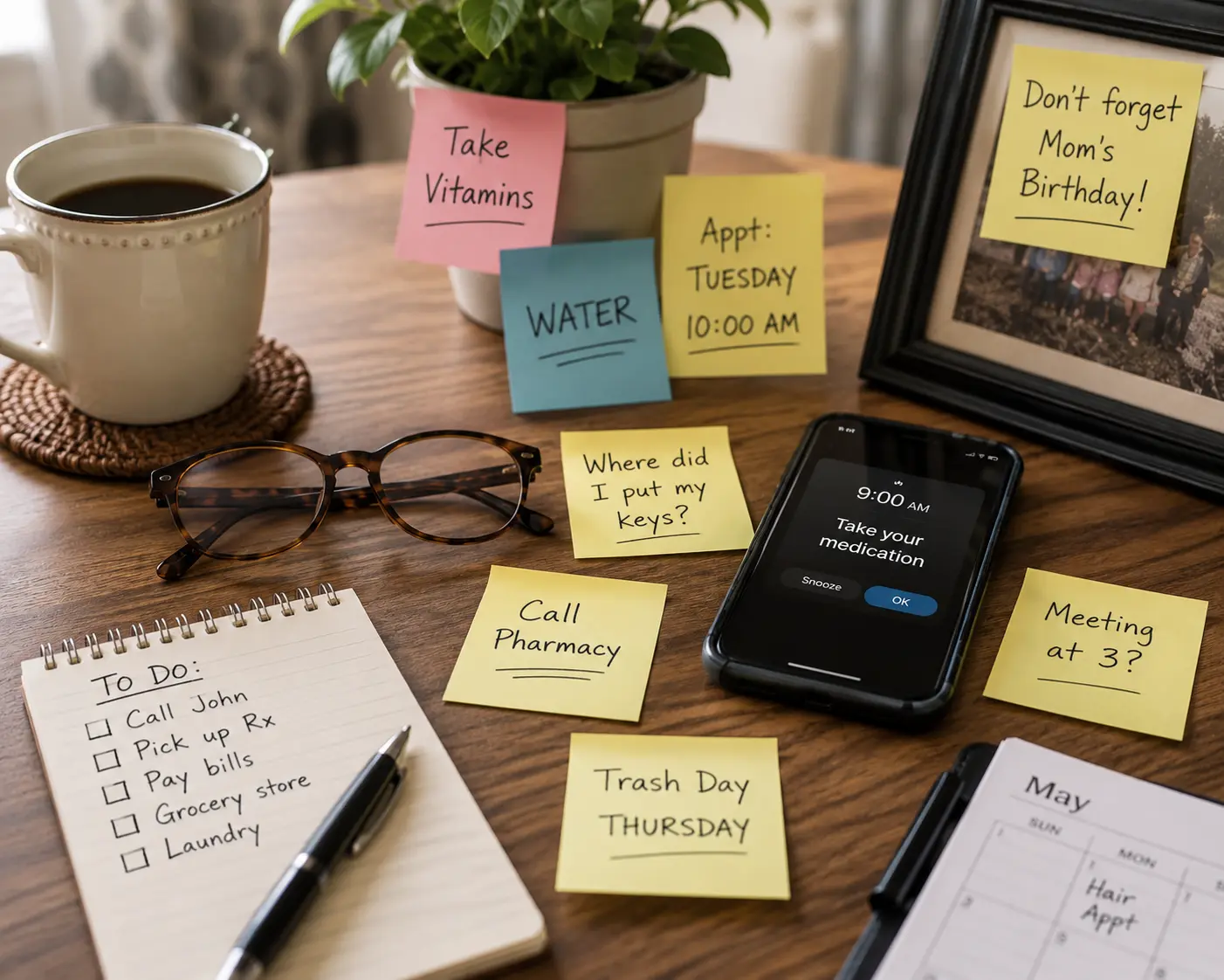Desk with notes, glasses, phone, and reminders for daily organization