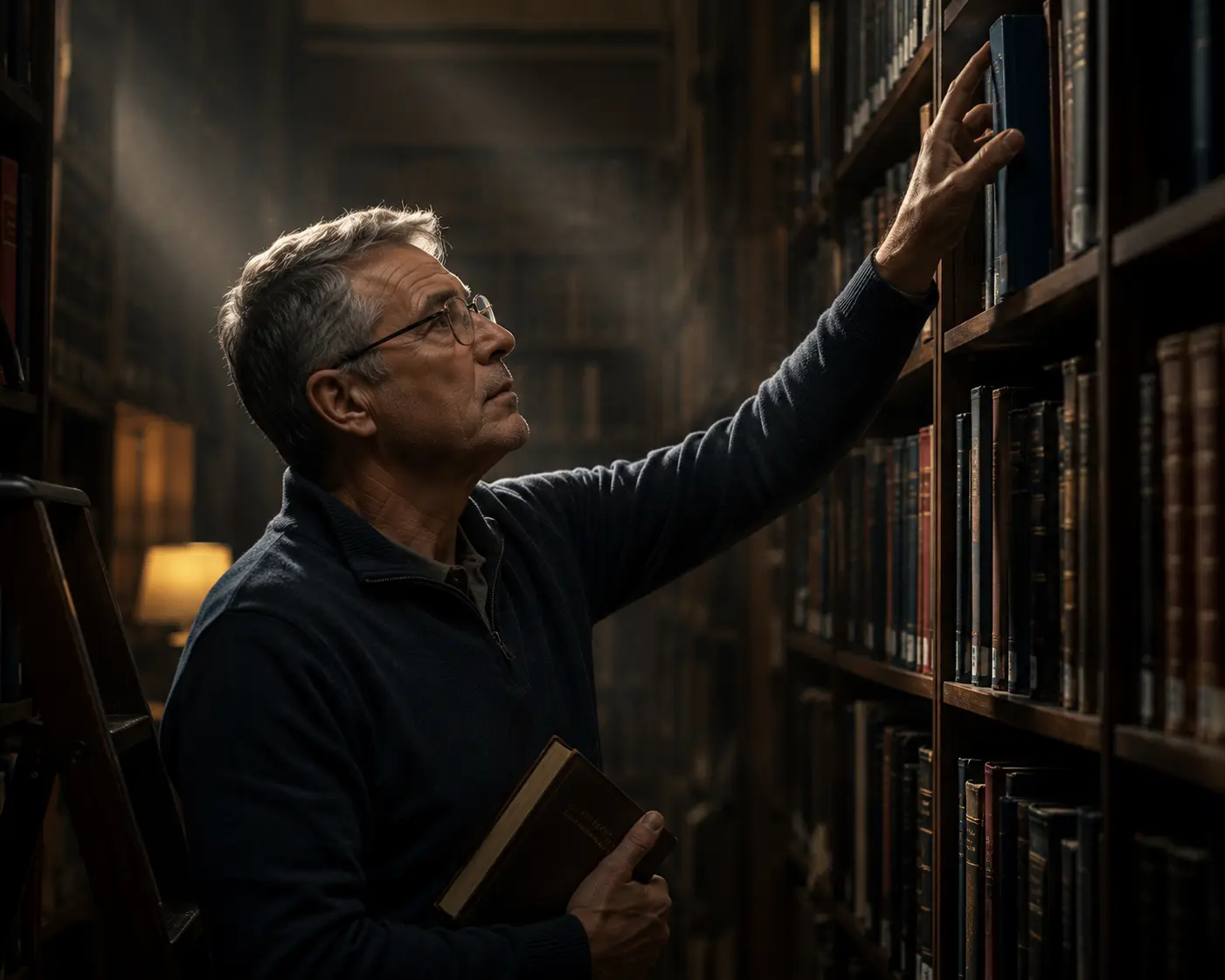 Mature adult reaching for a book in a library as a metaphor for recall access