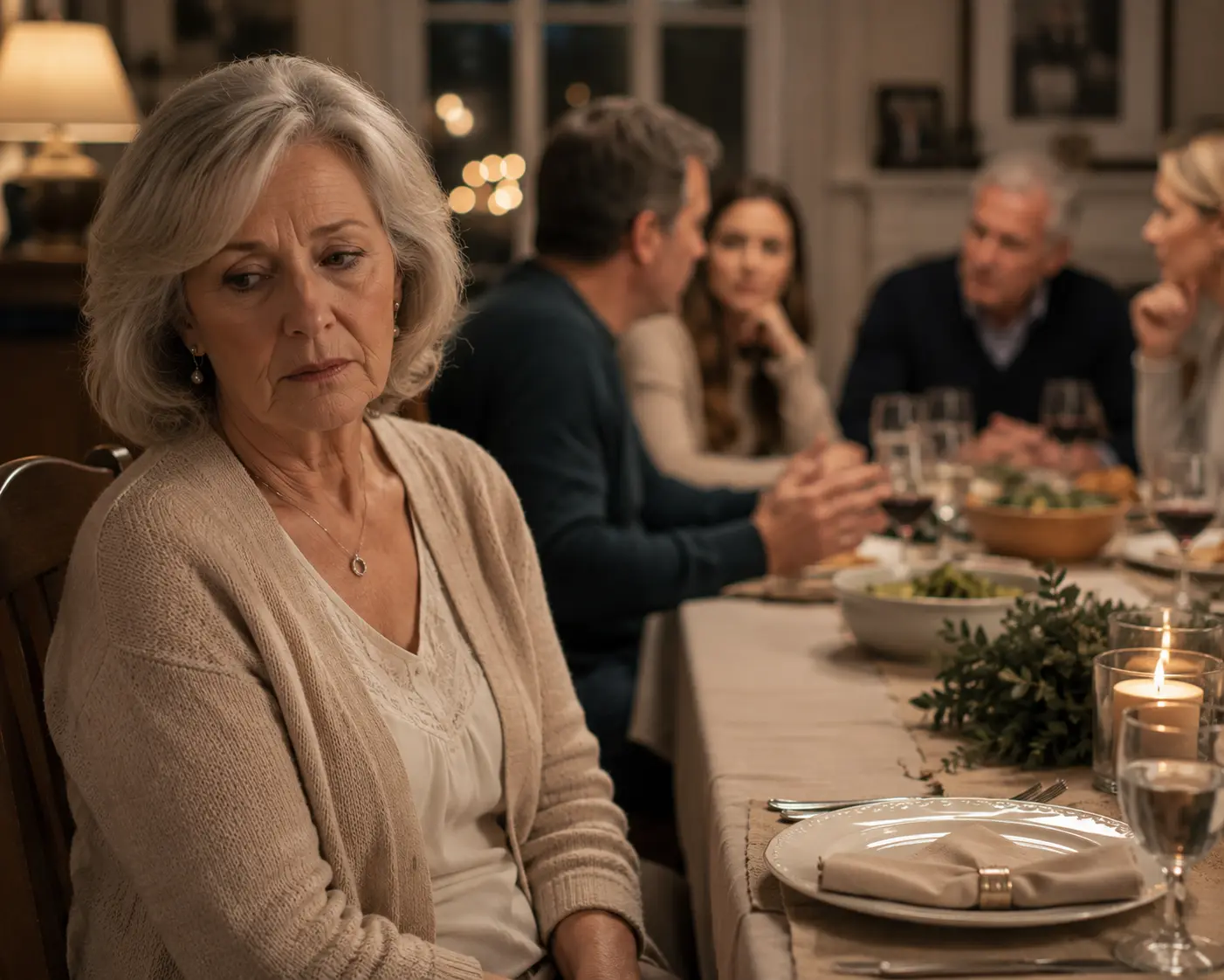 Older woman sitting quietly at a family dinner during a reflective conversation moment