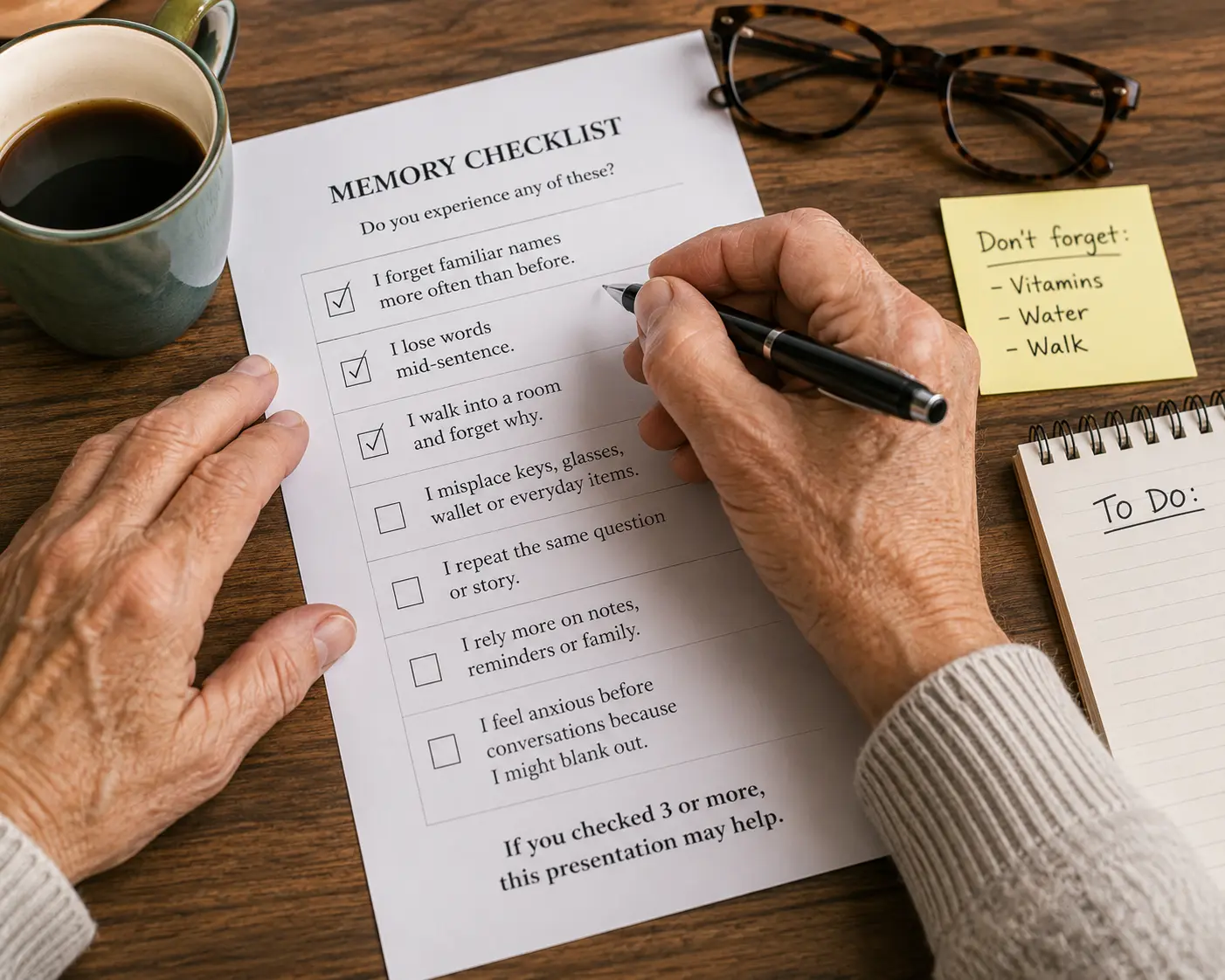 Senior adult reviewing a simple daily memory clarity checklist at home