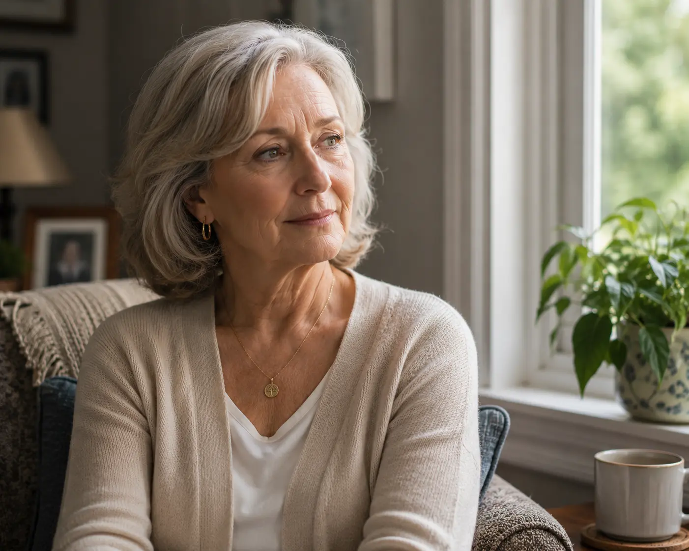 Older woman sitting near a window with a calm and relieved expression