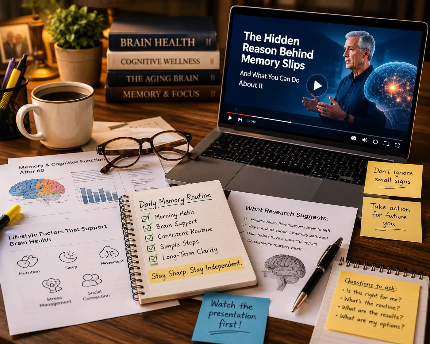 Research papers and laptop on a desk for an educational memory clarity presentation