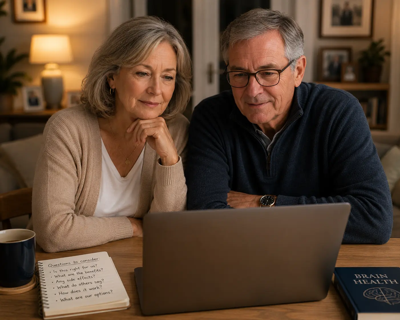 Senior couple watching an educational memory clarity presentation on a laptop at home